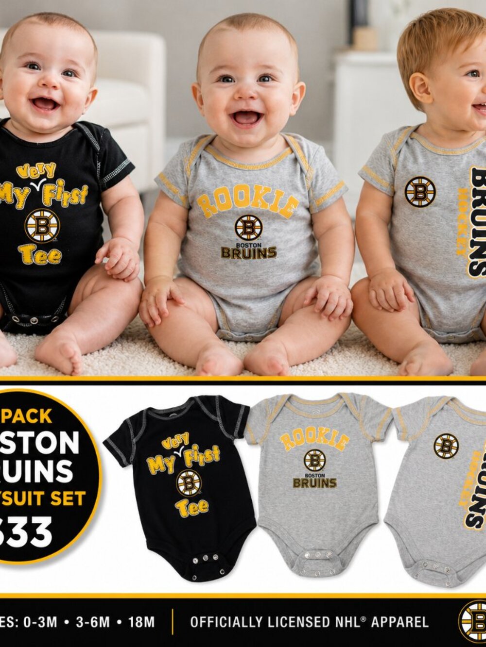 Boston Bruins Baby Bodysuit Lot of 3 | NHL Licensed | Sizes 0–3M, 3–6M & 18M